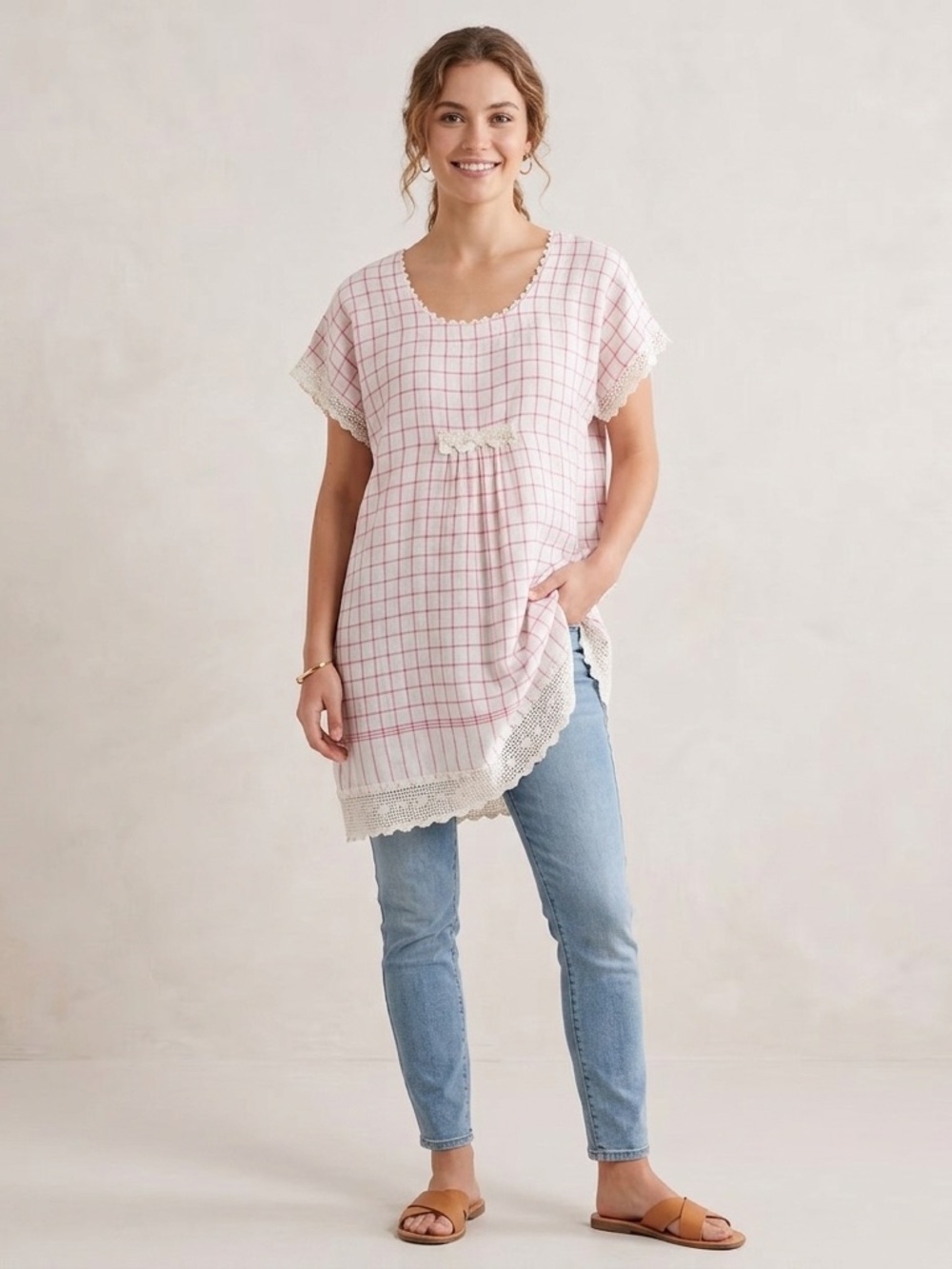 Péro Pink and White 100% Cotton Checked Sleeveless Tunic Top Long Size 46 XXL 14